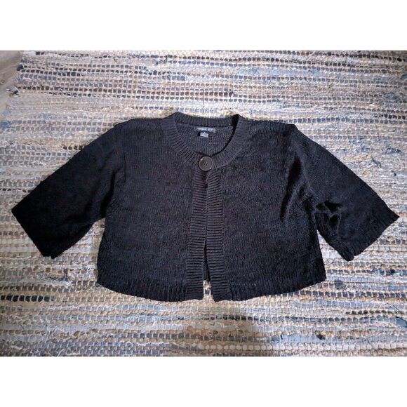 August Silk L Black 3/4 Sleeve Open Knit Bolero Sweater Shawl One Button Croppe - Picture 2 of 6